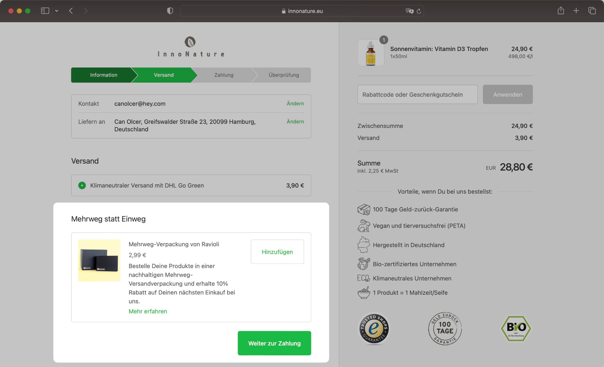 Ein Screenshot von einem Shopify Check-out, wo die Mehrweg-Option von Ravioli zu sehen ist