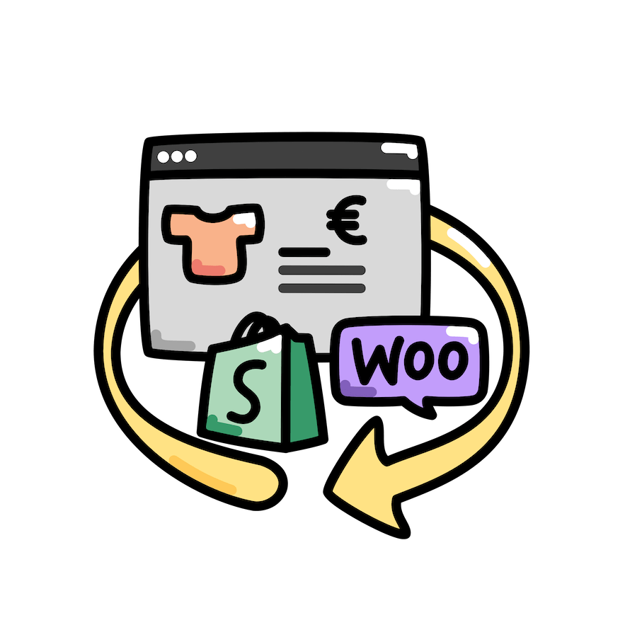 Illustration einer Website eines Onlineshops mit Shopify und WooCommerce Logos